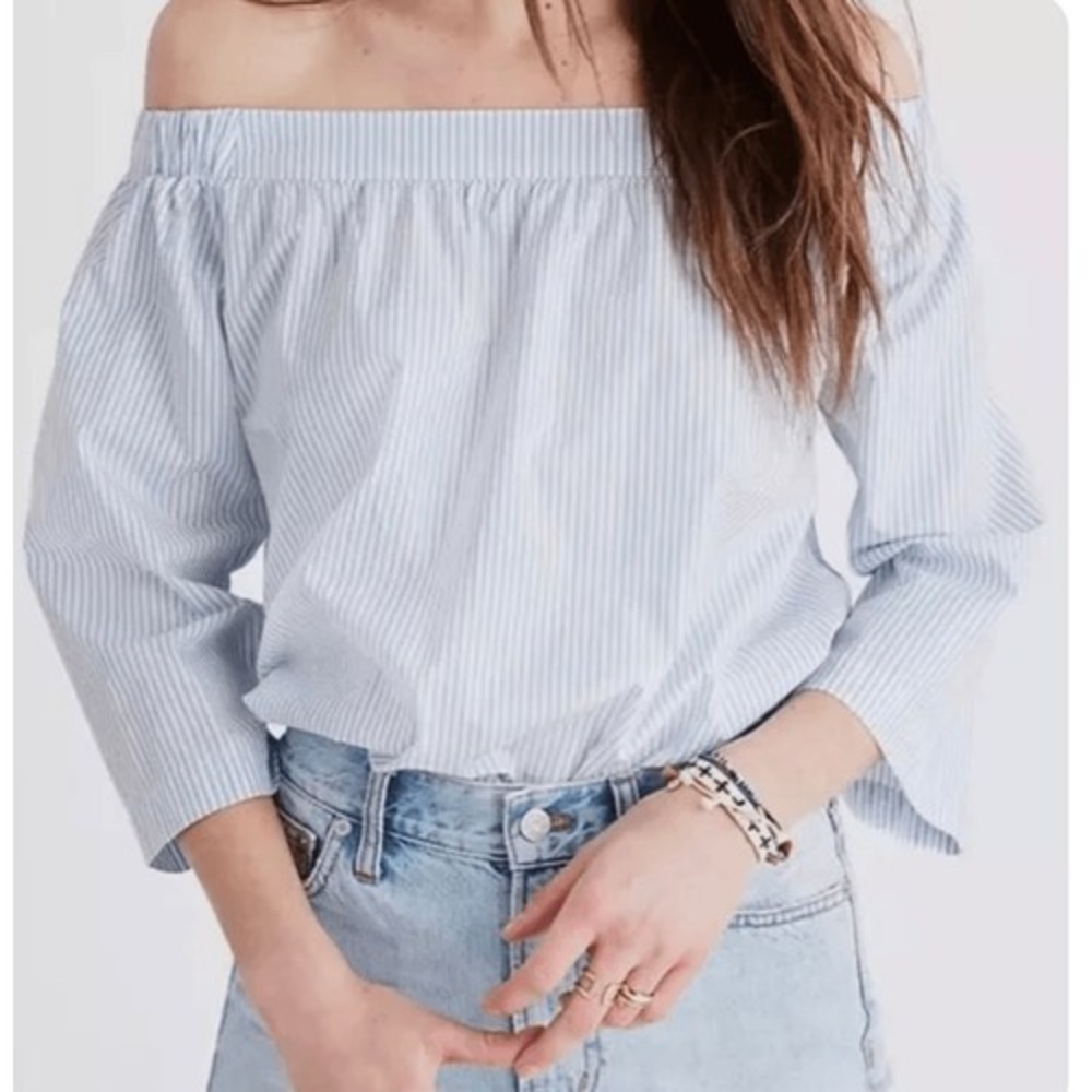 Madewell Blue Striped Off The Shoulder 3/4 Sleeve Top Blouse